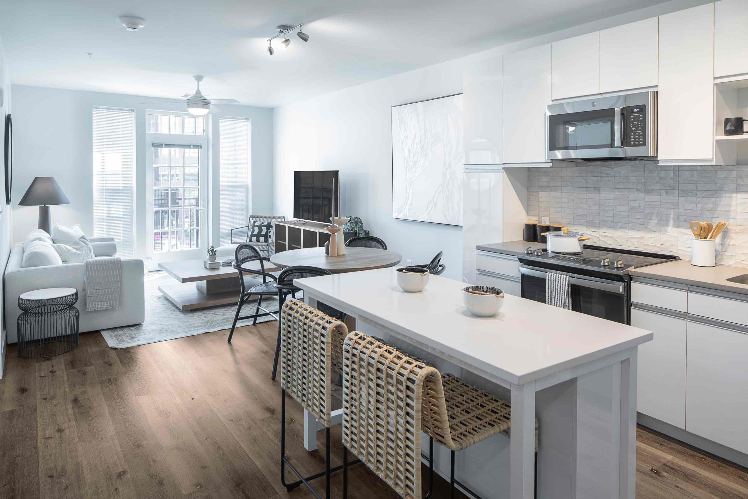 Cozy apartment with a combined kitchen & living room. Inside our luxury apartments at 250 Mission.